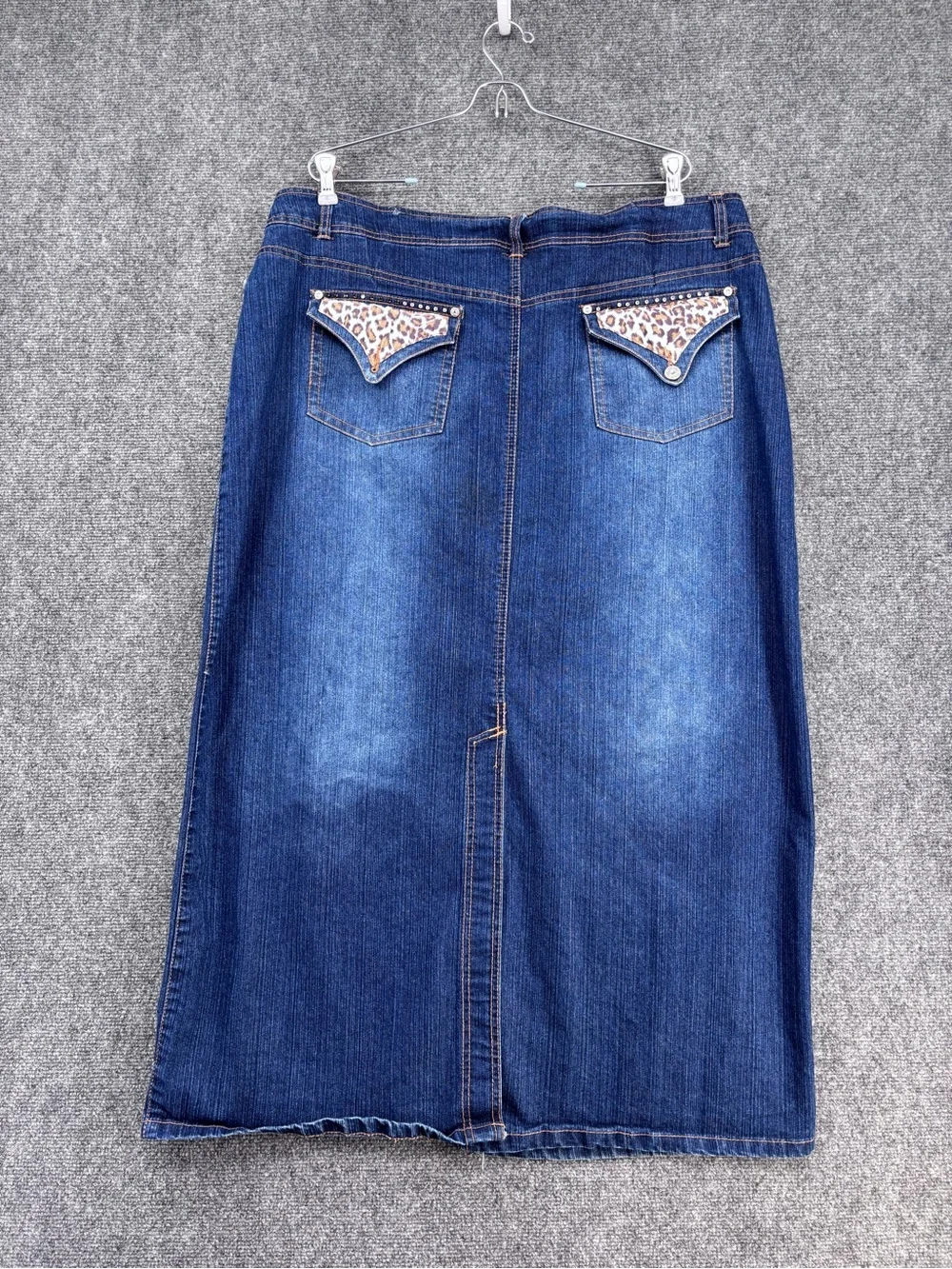 Whisker Washed Western Boho Indie Denim Midi Skirt Women’s 18 Leopard Accent